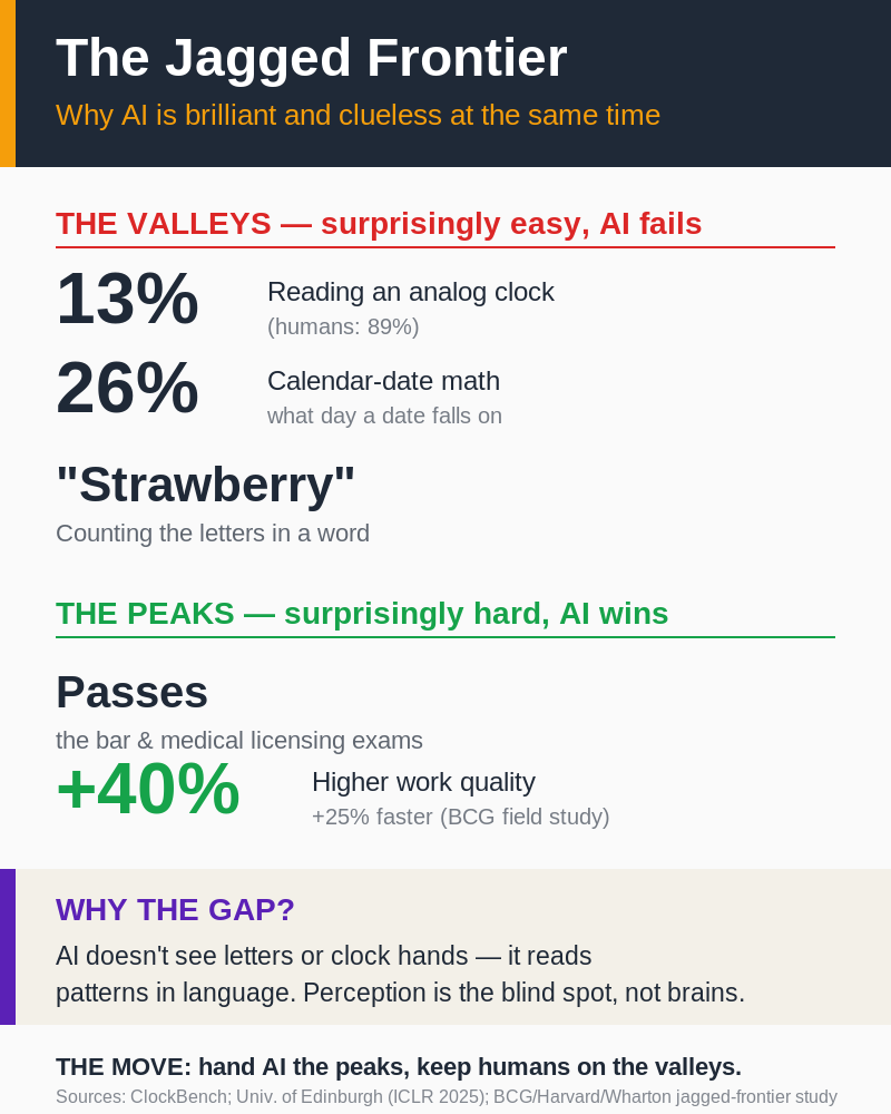The Jagged Frontier infographic — the valleys where AI fails and the peaks where it wins, and why